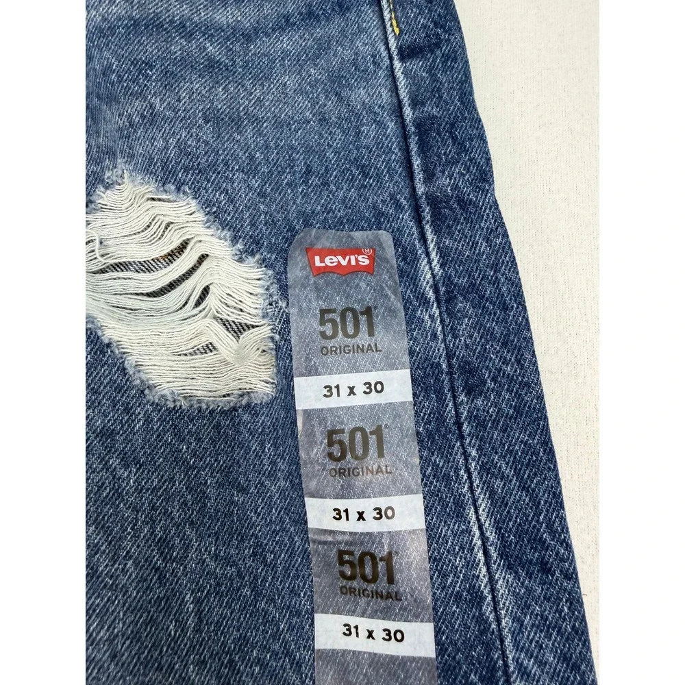 Levis 501 Original Fit Mens 31x30 Blue Distressed Straight Leg Jeans 00501-3249